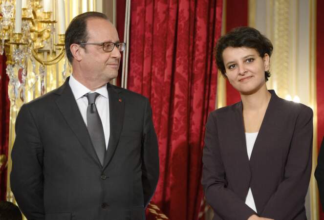 François Hollande et Najat Vallaud-Belkacem lors de la cérémonie de remise du prix de l'Audace artistique et culturelle au palais de l'Elysée, à Paris, le 5 juin 2015.