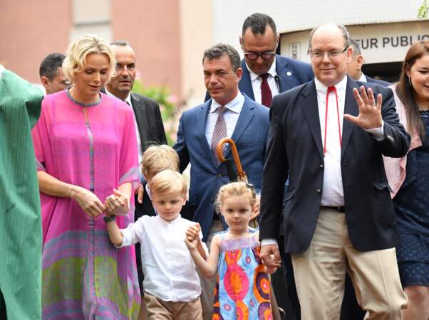 La Princesse Charlène de Monaco, le prince héréditaire Jacques, la princesse Gabriella et le prince Albert II de Monaco durant le traditionnel pique-nique des Monégasques, au parc princesse Antoinette, à Monaco, le 6 septembre 2019.