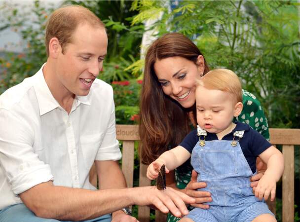 Photo officielle, qui montre le prince William, Kate Middleton et leur fils le prince George, prise, le 2 juillet 2014, lors de la visite de l'exposition "Sensational Butterflies", au Musée d'Histoire Naturelle, à Londres.