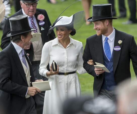 John Warren, Meghan Markle et le prince Harry, tous deux très élégants, lors du Royal Ascot 2018, à l'hippodrome d'Ascot, dans le Berkshire, le 19 juin 2018.