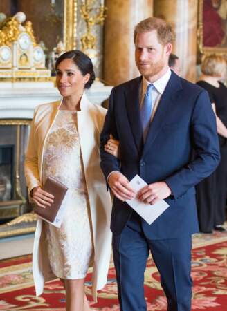 La famille royale d'Angleterre lors de la réception pour les 50 ans de l'investiture du prince de Galles, au palais Buckingham, à Londres, le 5 mars 2019.