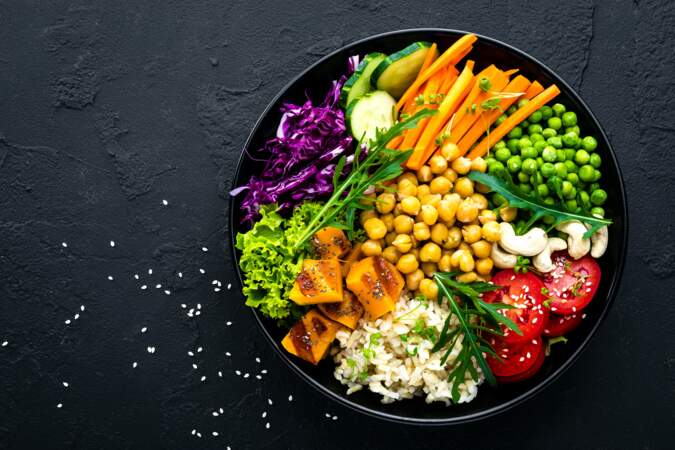 Le rainbow bowl, riz, tempeh et légume