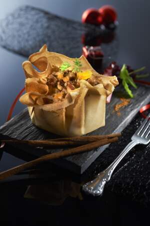 Aumônières figues et foie gras, sur lit de pain d’épice