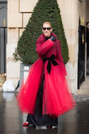 Céline Dion avec un manteau en tulle rouge transparent 