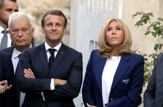 Emmanuel Macron et sa femme la Brigitte Macron au château de By, à Thomery (Seine-et-Marne), l'un des 18 sites retenus pour la deuxième édition du Loto du patrimoine, le 20 Septembre 2019.