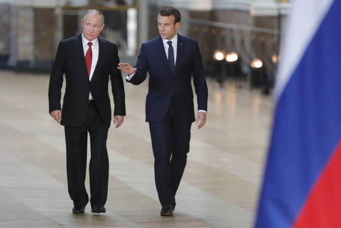 Conférence de presse commune de Vladimir Poutine et Emmanuel Macron au château de Versailles, le 29 mai 2017.