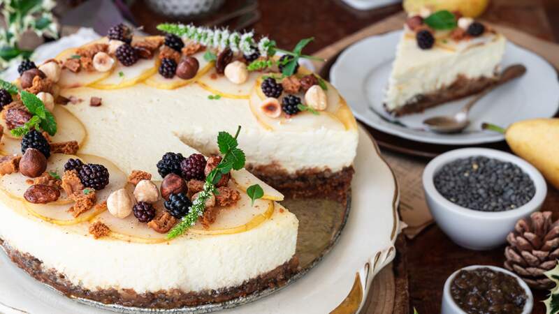 Cheesecake à la crème de lentilles confites et poires
