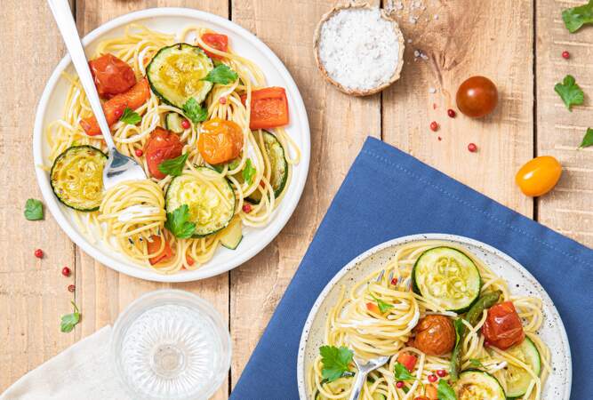 Spaghetti aux légumes grillés et fromage frais